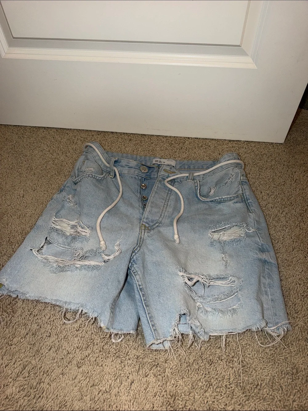 Zara Light Blue Distressed Denim Shorts with Drawstring